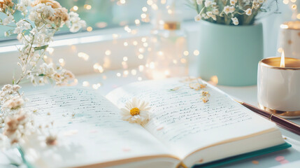 A book on the windowsill with a bouquet of white flowers