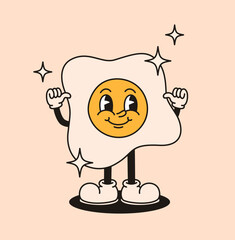 Groovy retro character scrambled eggs. Flat vector illustration.