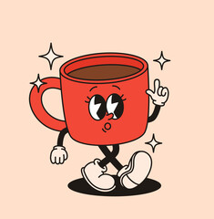 Groovy character cup of coffee. Flat vector illustration.