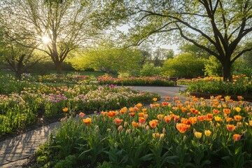 Fototapeta premium A serene garden scene with colorful tulips and lush greenery bathed in the warm glow of sunrise.