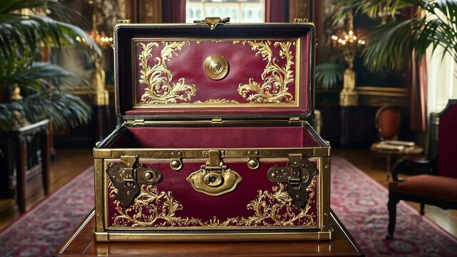 Antique decorative chest with intricate design in an elegant room filled with vintage furnishings and greenery