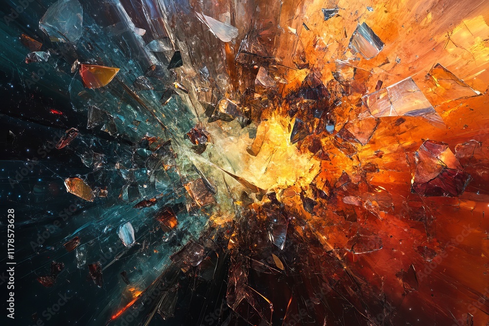 Poster abstract art depicting a dynamic explosion of colorful shards, showcasing energy and motion in vibra
