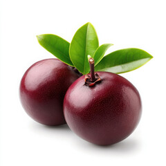 Fototapeta premium Fresh and glossy plums with vibrant green leaves.