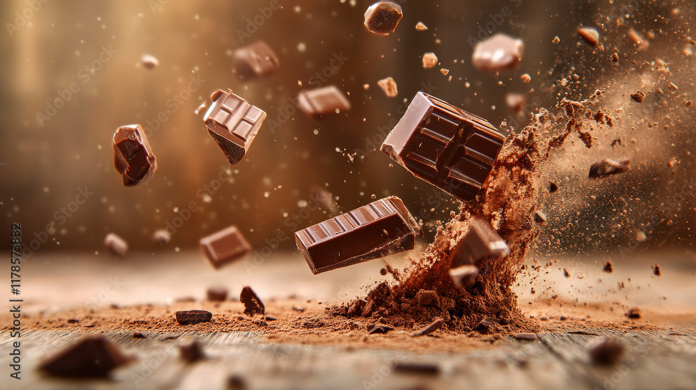 Poster delicious chocolate pieces splashing into cocoa powder, creating dynamic and enticing scene. rich te