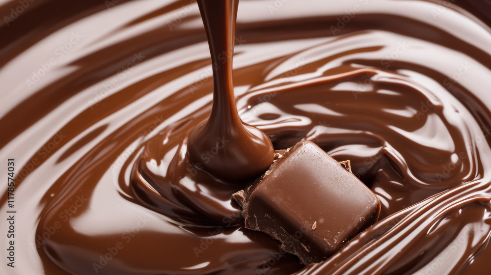 Poster rich melted chocolate flows over smooth surface, creating luxurious texture. piece of chocolate rest
