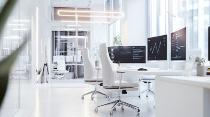 Modern coworking office interior with computers and financial charts. 3d rendering