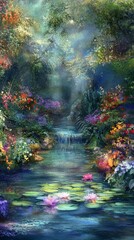 Fototapeta premium A serene water garden with vibrant flowers, lush greenery, and tranquil water lilies, creating a peaceful and enchanting atmosphere.