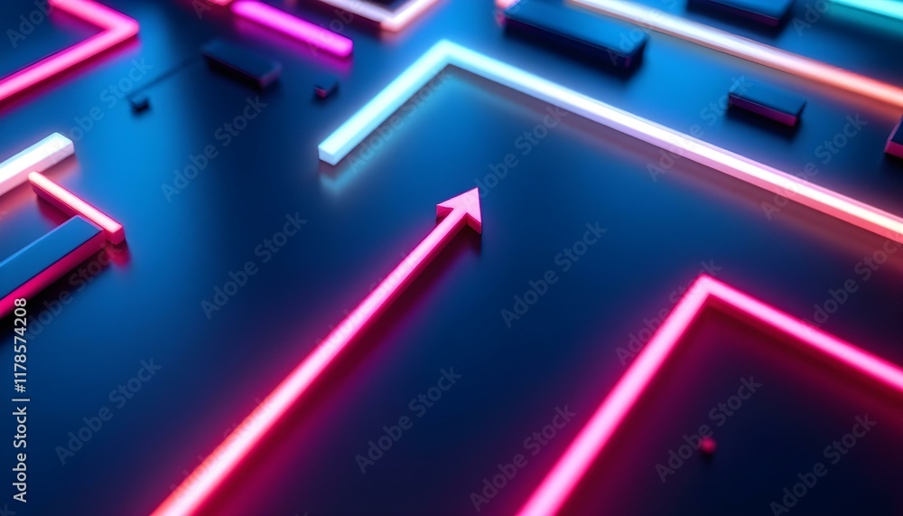 Poster futuristic background made of arrow blocks. neon glowing lines on a blue background. high tech techn