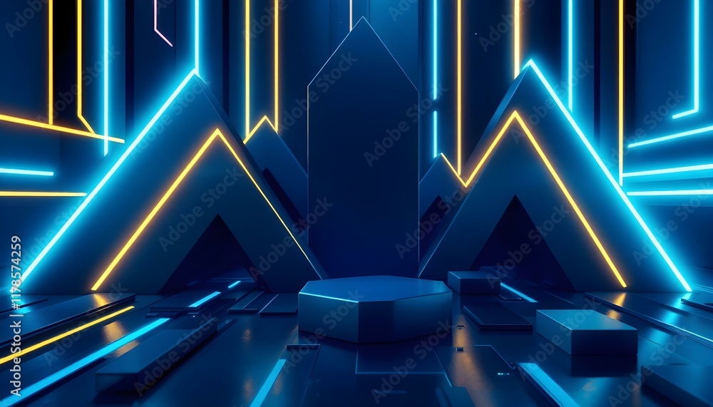 Poster futuristic background made of arrow blocks. neon glowing lines on a blue background. high tech techn