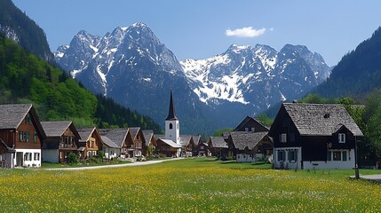 Fototapeta premium Alpine village nestled in valley, mountains backdrop, wildflowers foreground; scenic travel postcard.