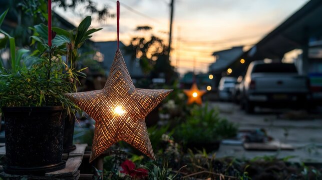 Illuminated Star Lanterns  Festive Bamboo Decor  Night Market Scene