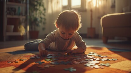 Young child solving puzzle in bright room