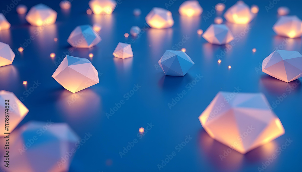 Poster abstract blue background with 3d glowing polygonal shapes. futuristic metaverse digital cubes block 