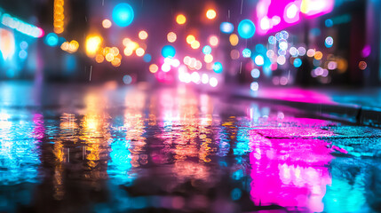 Fototapeta premium Rain drops on the asphalt in the city at night. Abstract background.