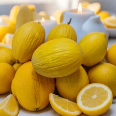 Citrus Burst: A vibrant still life featuring a captivating arrangement of lemons and melons, bathed in warm, inviting light. The composition exudes freshness and vitality. 