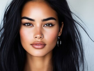 A woman with long black hair and a nose ring