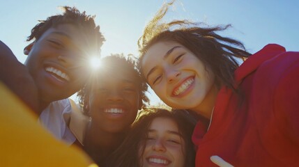 Happy diverse group of teenagers smiling for a selfie outdoors.
