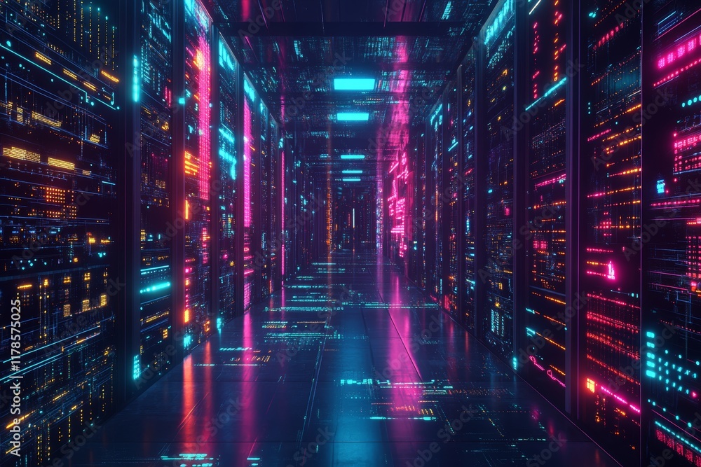 Poster explore a vibrant conceptual illustration depicting a futuristic data network with glowing neon ligh