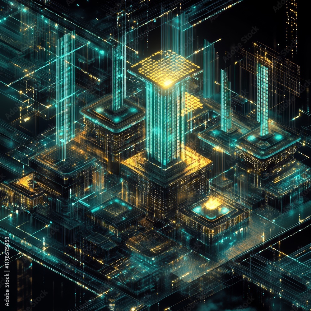 Poster explore a stunning futuristic isometric projection showcasing a big data network within a vibrant di