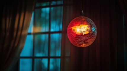 Fototapeta premium Glowing Disco Ball Nightclub Party Festive Retro 70s 80s Vintage Bokeh Lights Dar