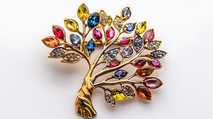 A detailed brooch featuring a tree design with vibrant gemstone leaves on white.