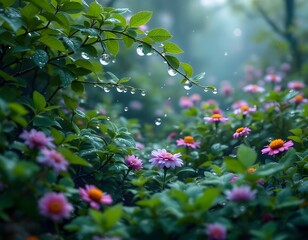 Obraz premium Rain-Kissed Flowers: A Serene Garden Scene in Soft Light