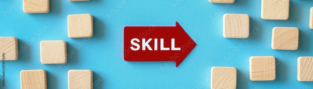Aufkleber skill development concept with wooden blocks and red arrow on blue background illustrating personal 