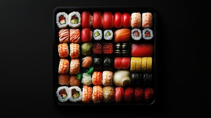 Overhead view of a large sushi assortment in a black takeout container on a dark background.