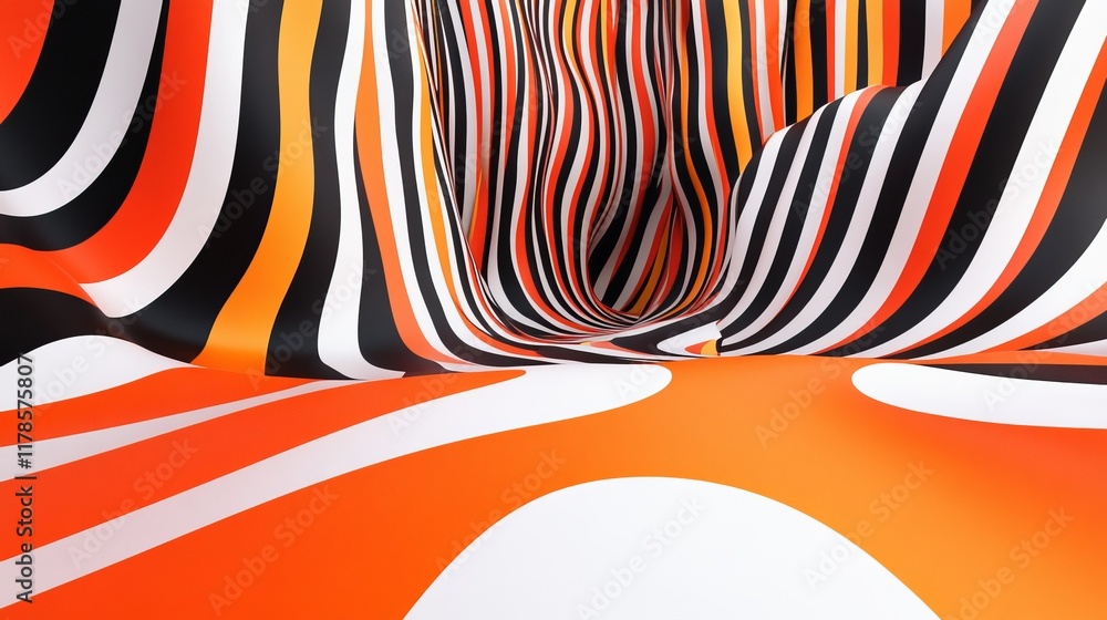 Poster dynamic abstract pattern with vibrant orange, black, and white stripes creating a mesmerizing wave e