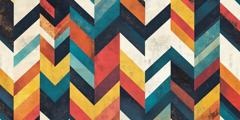 A colorful geometric abstract pattern featuring chevron shapes in a vintage style, perfect for modern decor and creative backgrounds.