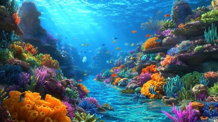 Naklejka premium A mystical coral reef glowing with vibrant hues of turquoise and violet. Ethereal sea creatures glide through the radiant waters, their luminous forms blending harmoniously with the glowing 