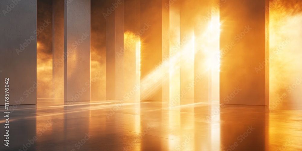 Poster This image showcases ethereal light streaming through abstract pillars, creating a captivating atmosphere with warm tones and reflections, perfect for inspiring new ideas.