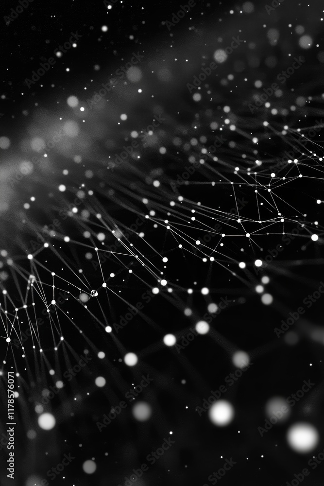 Poster abstract network connections with dots in dark background for data visualization and technology conc