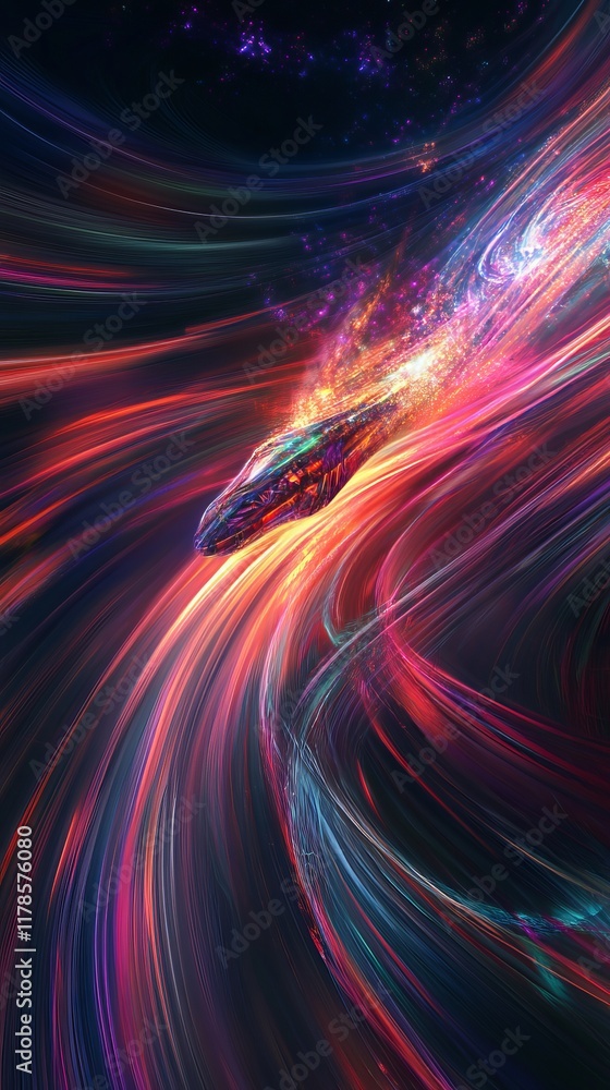 Poster a dynamic and colorful depiction of a futuristic spacecraft traveling through space, surrounded by v