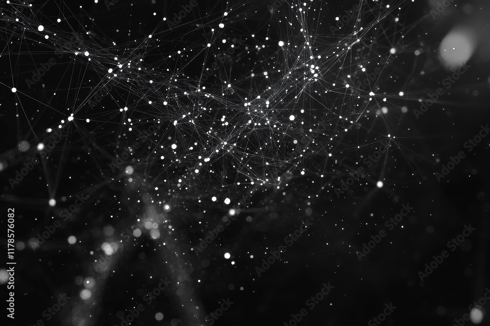Poster abstract representation of data connections with nodes and background elements in black and white