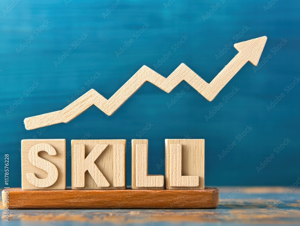 Poster wooden blocks spell skill with rising arrow symbolizing growth and progress in personal development 