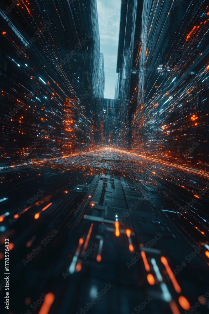 Poster explore a captivating digital corridor filled with vibrant light effects and abstract patterns, crea