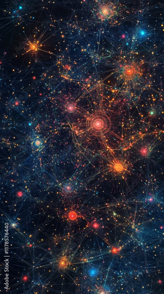 Poster abstract visualization of interconnected data nodes in a cosmic background with vibrant colors and l