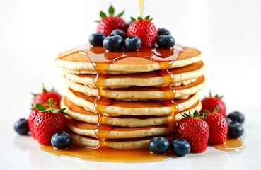 Fluffy pancakes stacked high, drizzled with syrup. Fresh berries like strawberries, blueberries on top of stack. Delicious breakfast brunch food presentation. Perfect for menus, designs. Isolated on