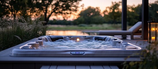 Relaxing Hot Tub Sunset Serenity: Indulge in a luxurious outdoor hot tub experience at sunset, surrounded by tranquil nature and soothing ambiance.