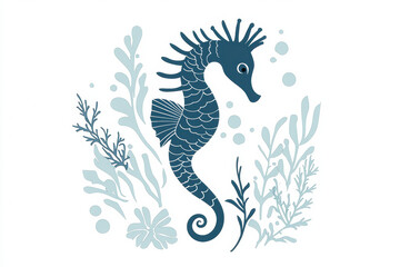 Obraz premium Doodle illustration of seahorse surrounded by aquatic plants and bubbles