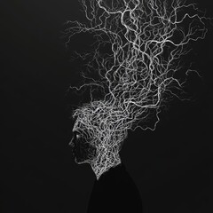 Abstract Representation of Data Streams Emanating from a Silhouette Against a Dark Background