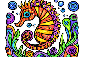 Colorful seahorse illustration with vibrant swirls and aquatic plants