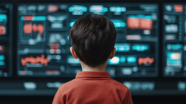 Child observing digital screens filled with data and graphics.