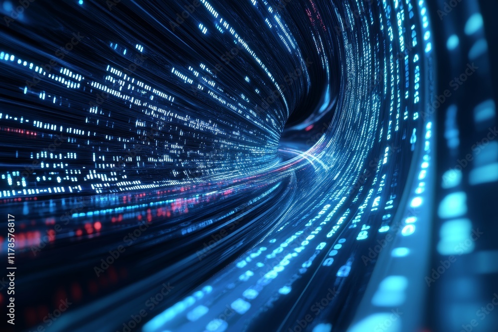 Poster experience a captivating surreal digital data stream in motion, featuring vivid lights and abstract 