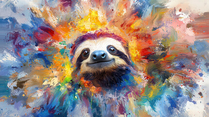 cheerful sloth surrounded by vibrant, swirling colors creates joyful atmosphere