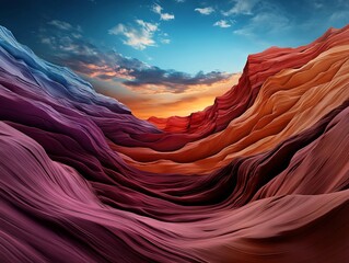 A colorful landscape of a canyon with a sunset in the background