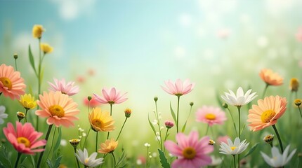 Obraz premium Pastel Dream: A Field of Delicate Spring Flowers Basking in Soft Sunlight