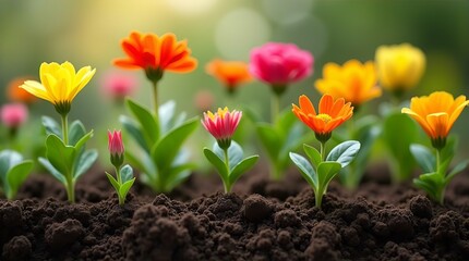 Vibrant Blossoms Emerging from Rich Soil: A Close-Up View of Colorful Flowers in a Garden Setting