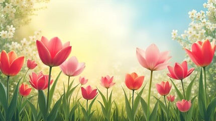 Vibrant Spring Meadow: A Close-Up View of Delicate Pink and Red Tulips Basking in Sunny Sunlight